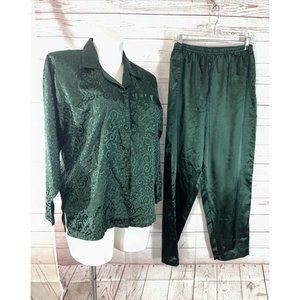 Amanda Gray Womens Size Large Two Piece Pant Pajama Set Green Paisley Button up